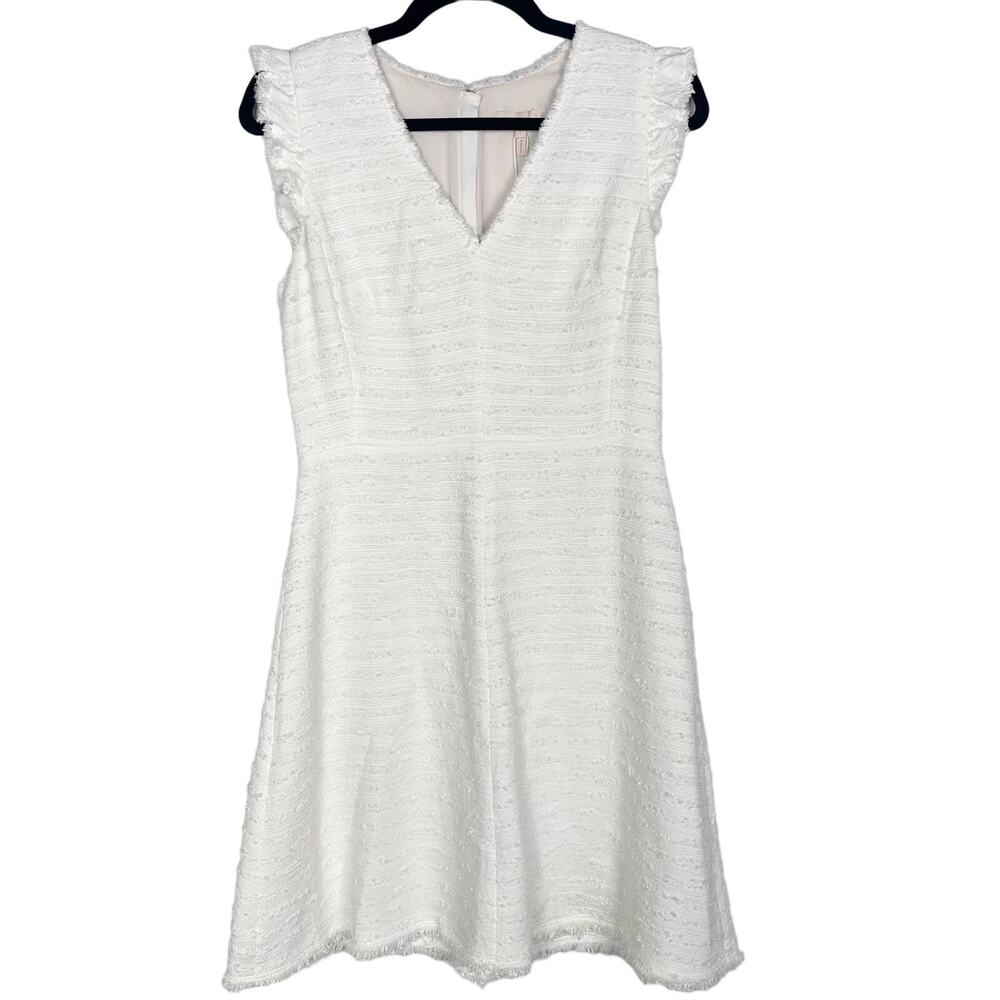 Rebecca Taylor 4 Snow Tweed V Neck Sleeveless Dress Striped Motif Cotton White
